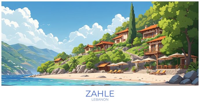 Zahle Lebanon Travel Poster Flat Illustration Print Decor Gift Canvas Wall Art