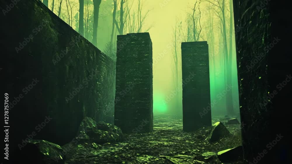 Poster mysterious stone structures emerge from foggy forest at twilight creating an eerie atmosphere and ca