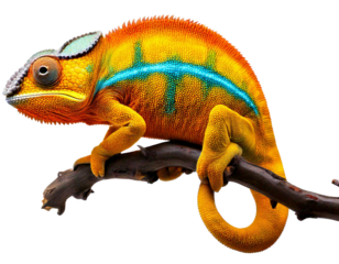 Yellow blue lizard Panther chameleon isolated on transparent background 