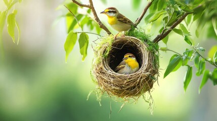 A Bird's-Eye View: The heartwarming scene of two vibrant yellow birds nesting together, nestled among verdant leaves, embodies the essence of springtime and domesticity.