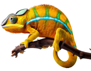 Yellow blue lizard Panther chameleon isolated on transparent background 