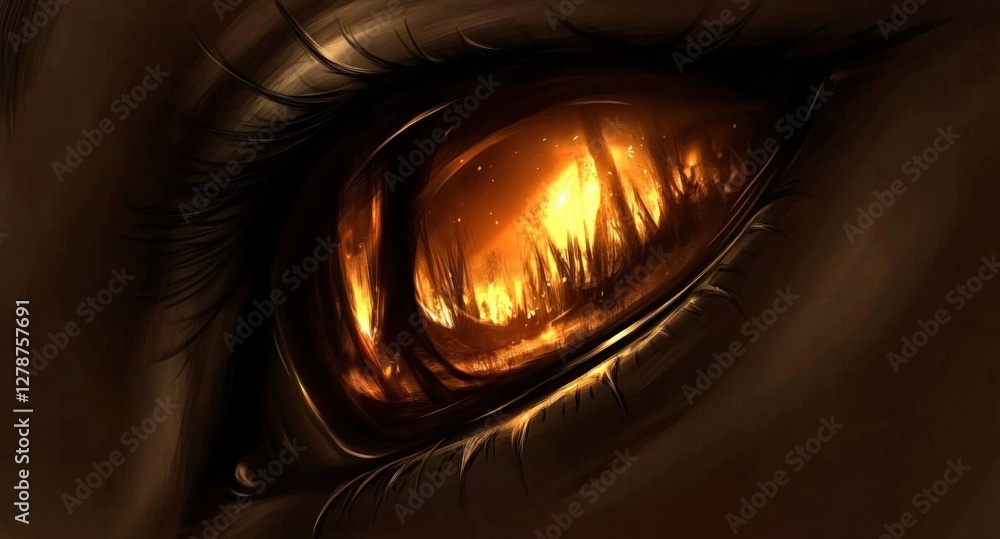 Poster illuminated eye with magical glowing reflections in a dark setting for enchanting imagery
