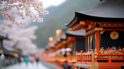 Obraz premium Takayama Spring Festival, Gifu beautifully crafted wooden festival floats with gold details, cherry blossoms in the background, traditional Japan at its finest