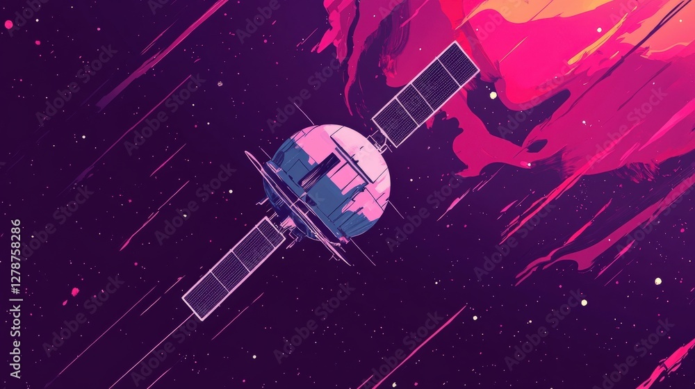 Poster futuristic satellite navigating through vibrant cosmic clouds in a colorful space environment