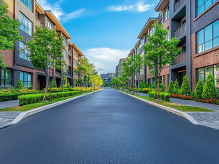 A peaceful city street with a freshly paved road running between sleek modern apartment complexes, surrounded by vibrant green foliage, capturing the essence of a bright summer afternoon 