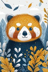 A cute illustration of a red panda surrounded by colorful foliage.