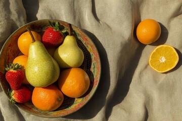 Colorful assortment of fresh fruits such as pears, strawberries, and oranges placed in decorative bowl. Concept focuses on elimination diet foods promoting healthy eating. 