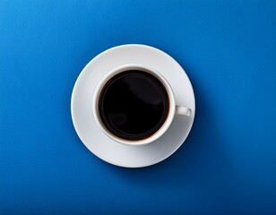 top view of cup of black coffee on blue background with copy space. Generated image