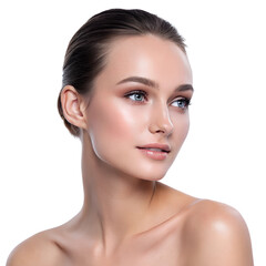 young woman with flawless skin and natural makeup poses gracefully, showcasing her beauty and elegance. Her soft features and bright eyes create captivating look