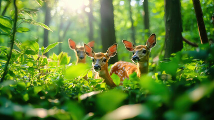 Naklejka premium serene scene of wild deer in lush green forest, surrounded by foliage