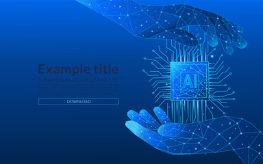 Abstract digital AI chip between human palms low poly blue technology. Artificial intelligence technology background. Semiconductor or microchip protection