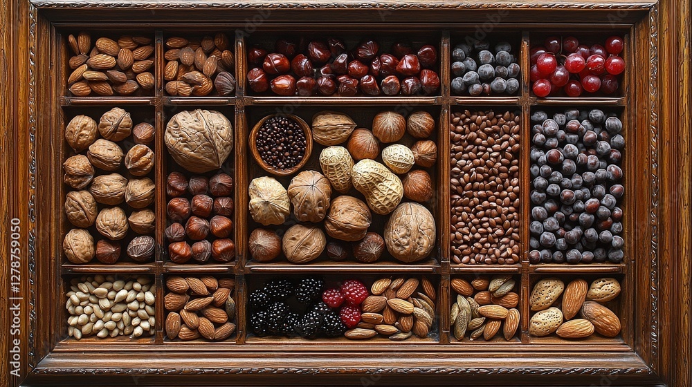 Poster a wooden display featuring an assortment of nuts and vibrant fruits in a rustic setting