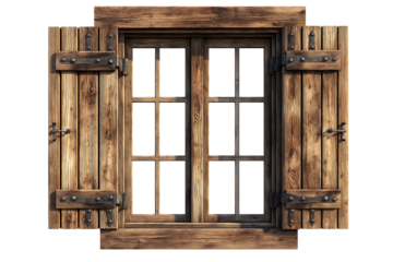 Rustic wooden window with shutters, isolated on a transparent background PNG