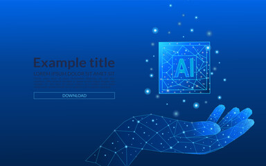 Abstract digital AI chip on blue tech low poly palm. Artificial intelligence technology background. Semiconductor or microchip protection