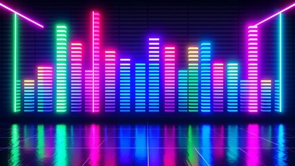 Neon Symphony: A vibrant digital sound equalizer pulses with a spectrum of radiant colors, casting a mesmerizing glow on a reflective surface. A testament to auditory artistry and modern tech