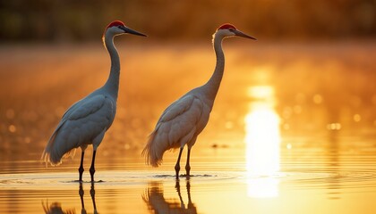 Fototapeta premium Majestic Cranes at Golden Sunrise