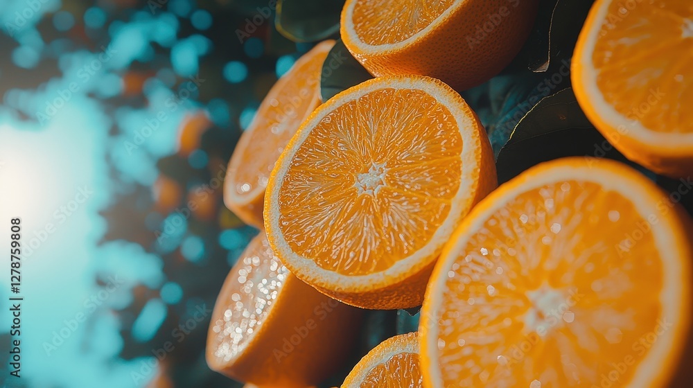 Poster fresh oranges neatly arranged in a row on a rustic wooden surface