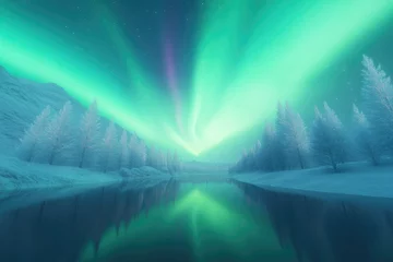 Fototapete Rund Dazzling aurora lights dance above serene winter landscape refle © Alex