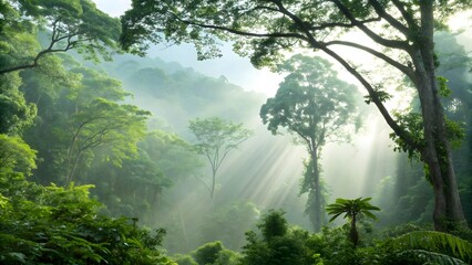 Obraz premium Lush tropical rainforest with misty atmosphere