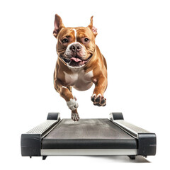 Energetic dog running on a treadmill in a bright indoor setting with a playful atmosphere