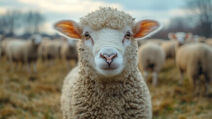 Obraz premium Close-Up of Sheep Facing Camera on Farm in Warm Evening Light