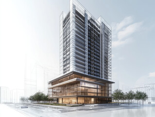 A professional architectural rendering of a modern high-rise structure, displaying a combination of detailed floor plans, schematic diagrams, and an elegant exterior design 