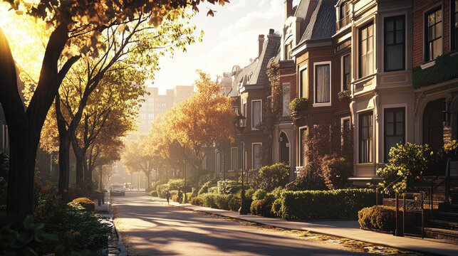 A picturesque cityscape showcasing a wide, sunlit avenue lined with stylish apartment buildings and lush trees, evoking a sense of warmth and serenity in an urban environment 