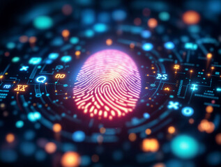 Fototapeta premium Fingerprint scanner glowing with quantum encryption symbols, representing the future of biometric security.