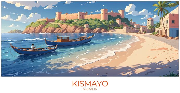 Kismayo Somalia Travel Poster Flat Illustration Print Decor Gift Canvas Wall Art