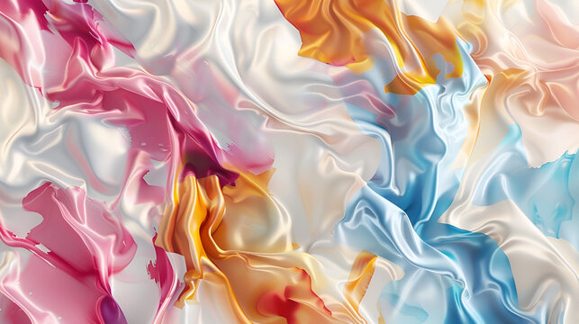 A close up image of diffused rainbow watercolors on a white microfiber fabric background with copy space
Colorful iridescent fabric with soft folds
