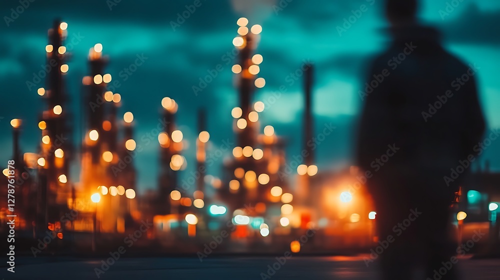 Poster a high-resolution panoramic image of engineers working in a large-scale oil refinery with towers, pi