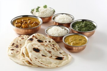 A flavorful assortment of North Indian curries with naan and rice served in hammered copper bowls.