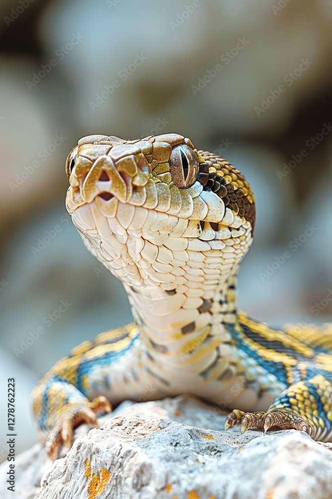Poster a close-up of a colorful snake with intricate patterns resting on a rock.