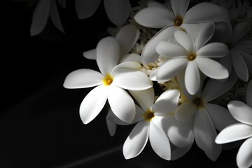 Naklejka premium A vibrant display of white plumeria flowers with yellow centers against a dark background.