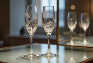 Elegant champagne flutes on mirrored surface, timeless luxury