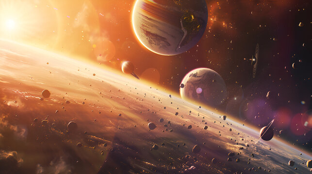A stunning meteor plummets through space leaving a bright fire trail amidst distant stars
A celestial event with planets aligning in a mesmerizing cosmic dance
