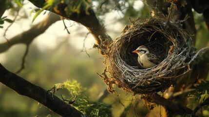 Fototapeta premium A Nesting Haven: A small bird sits snugly in its meticulously crafted nest nestled amongst the branches of a tree, bathed in the soft, natural light.
