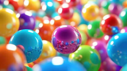 A 3D render of colorful spheres showcases a vibrant array of hues and patterns, creating a lively and visually stimulating scene.