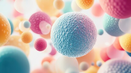 A 3D render of colorful spheres showcases a vibrant array of hues and patterns, creating a lively and visually stimulating scene.