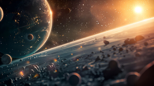 A stunning meteor plummets through space leaving a bright fire trail amidst distant stars
A celestial event with planets aligning in a mesmerizing cosmic dance
