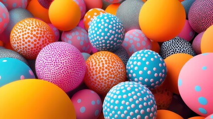 A 3D render of colorful spheres showcases a vibrant array of hues and patterns, creating a lively and visually stimulating scene.