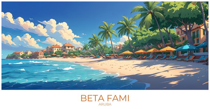 Beta fami Aruba Travel Poster Flat Illustration Print Decor Gift Canvas Wall Art