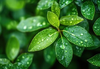  Close-up of green leaves with water droplets, a fresh and natural background.