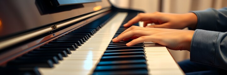 Obraz premium Keys to Passion: A close-up captures the delicate dance of hands on a piano keyboard, evoking the passion and skill of the musician in a moment of pure musical expression.
