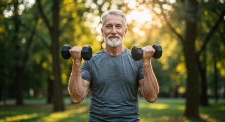 Man Lifting Weights Smiling in Park Sunlight