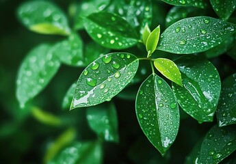  Close-up of green leaves with water droplets, a fresh and natural background.