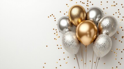 Gold silver balloons confetti celebration background