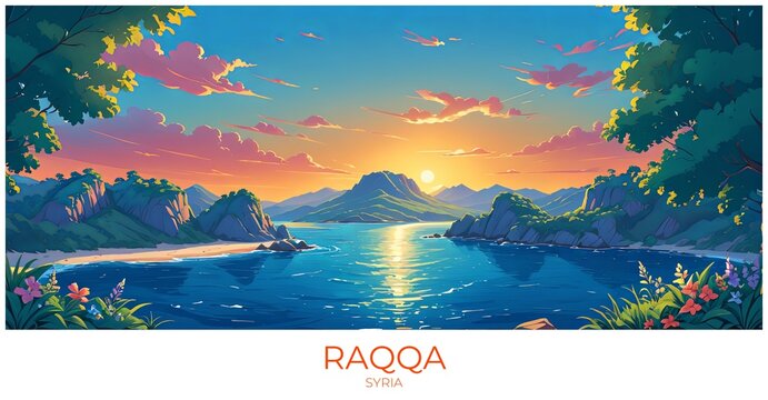 Raqqa Syria Travel Poster Flat Illustration Print Decor Gift Canvas Wall Art