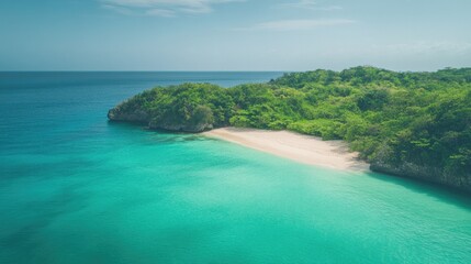 Fototapeta premium Serene coastal scene with turquoise waters and lush green surrou