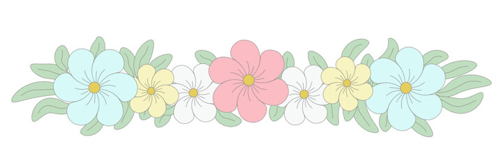 Delicate pastel flowers neatly arranged in a row, isolated on a transparent background. Wreath of pastel flowers with soft colors and delicate leaves. Hand-drawn spring or Easter divider. Vector. PNG